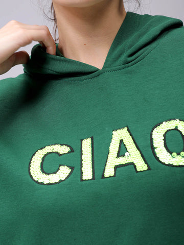 Women's Green Relaxed Fit Placement Embroidered Hooded Sweatshirt