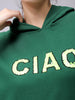 Women's Green Relaxed Fit Placement Embroidered Hooded Sweatshirt