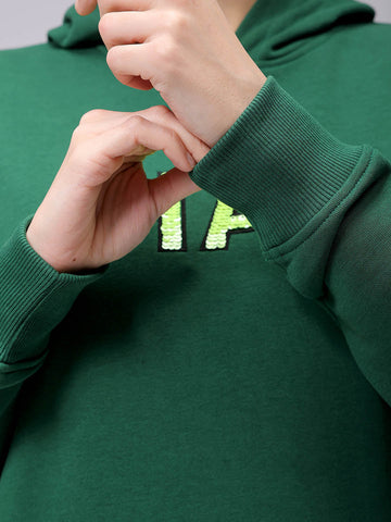 Women's Green Relaxed Fit Placement Embroidered Hooded Sweatshirt