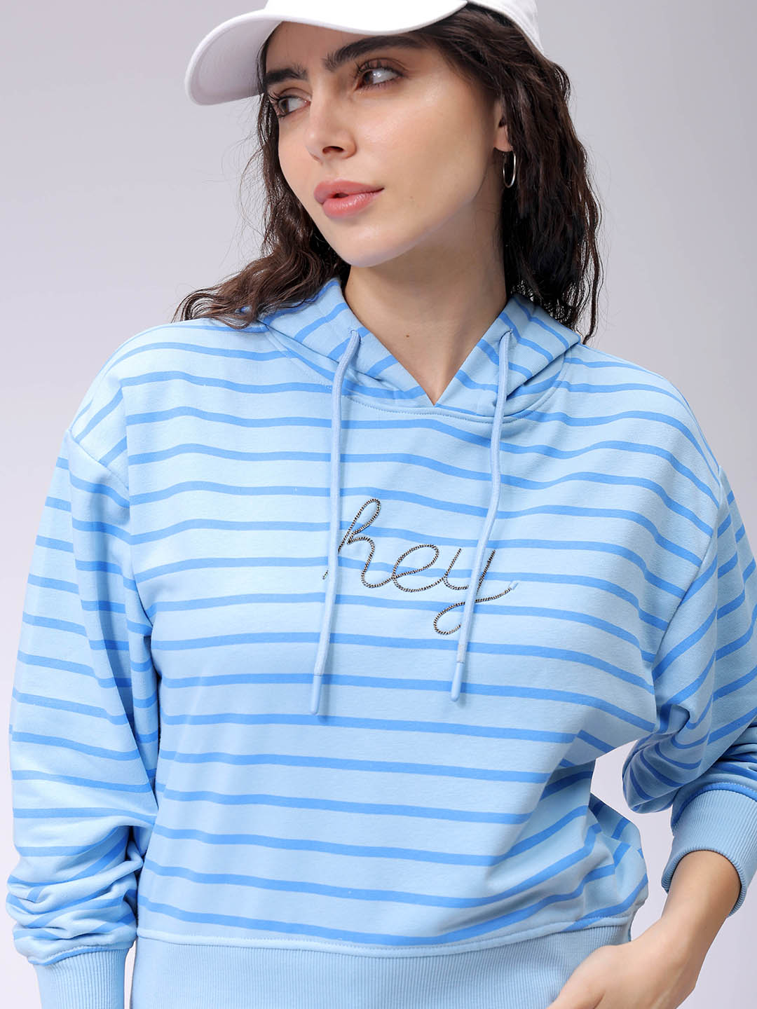 Women's Blue Relaxed Fit Placement Embroidered Hooded Sweatshirt