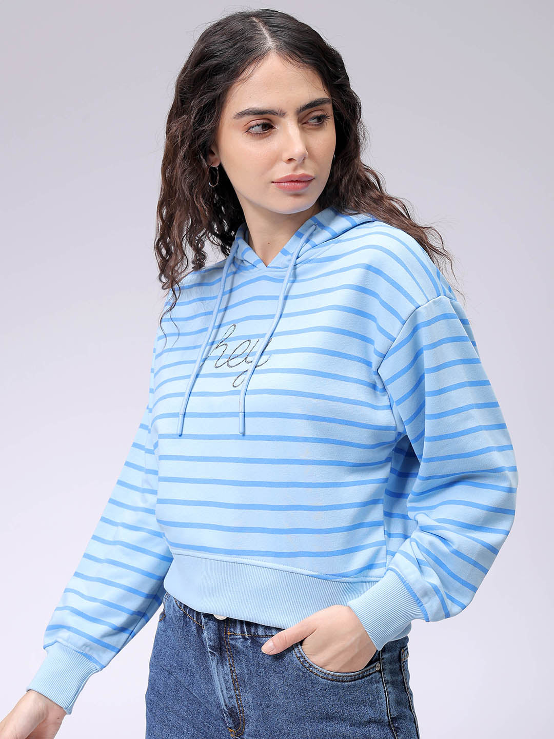 Women's Blue Relaxed Fit Placement Embroidered Hooded Sweatshirt