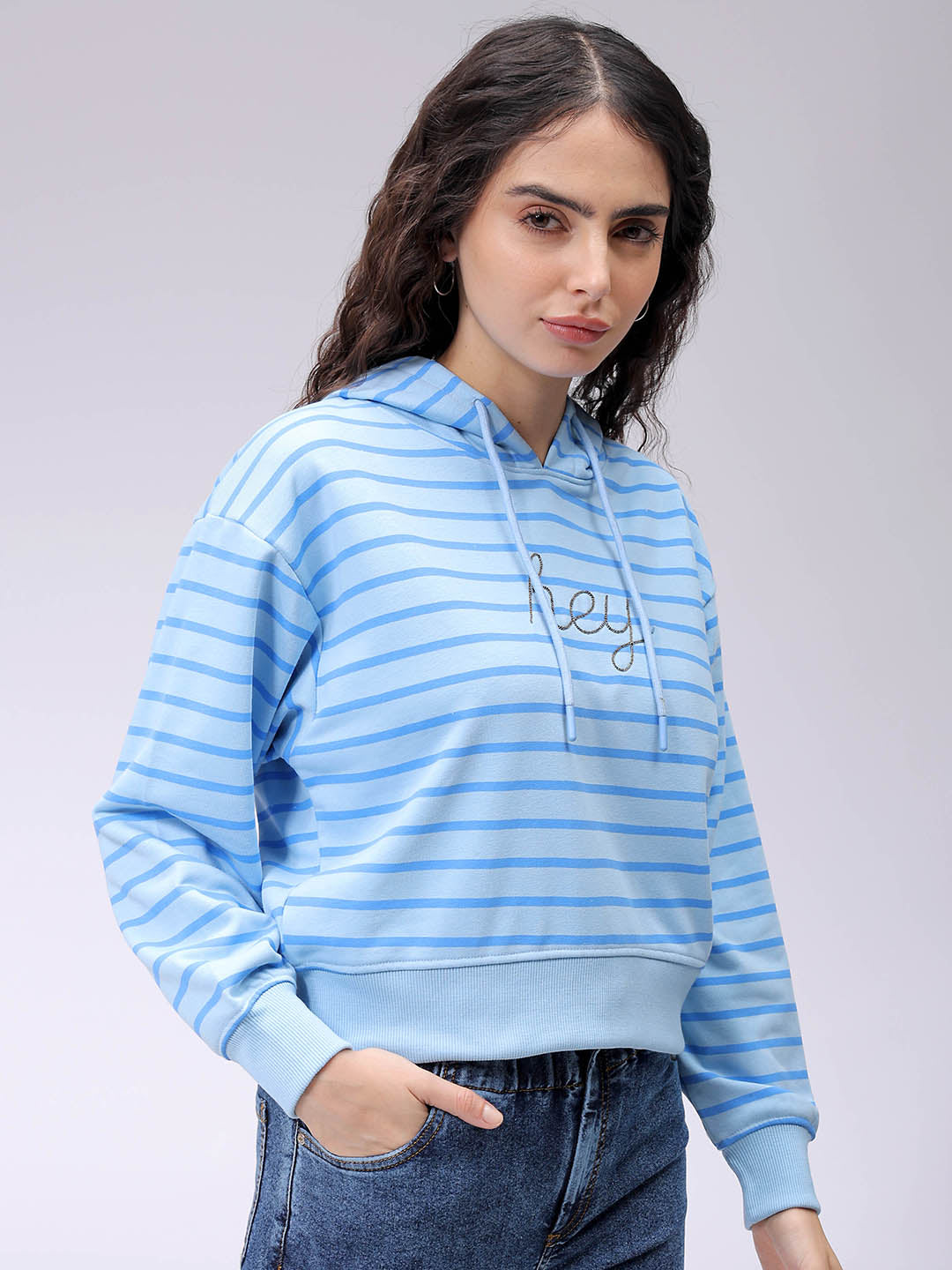 Women's Blue Relaxed Fit Placement Embroidered Hooded Sweatshirt