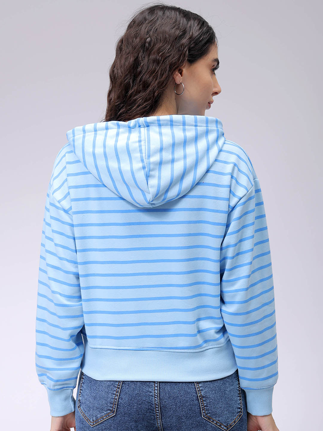 Women's Blue Relaxed Fit Placement Embroidered Hooded Sweatshirt