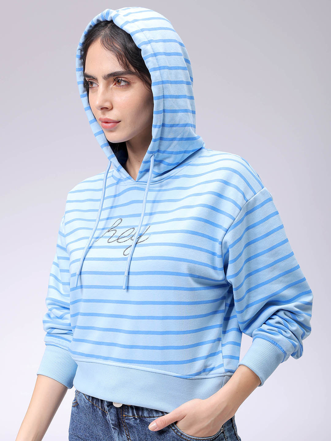 Women's Blue Relaxed Fit Placement Embroidered Hooded Sweatshirt