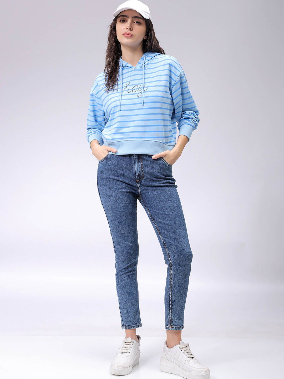 Women's Blue Relaxed Fit Placement Embroidered Hooded Sweatshirt