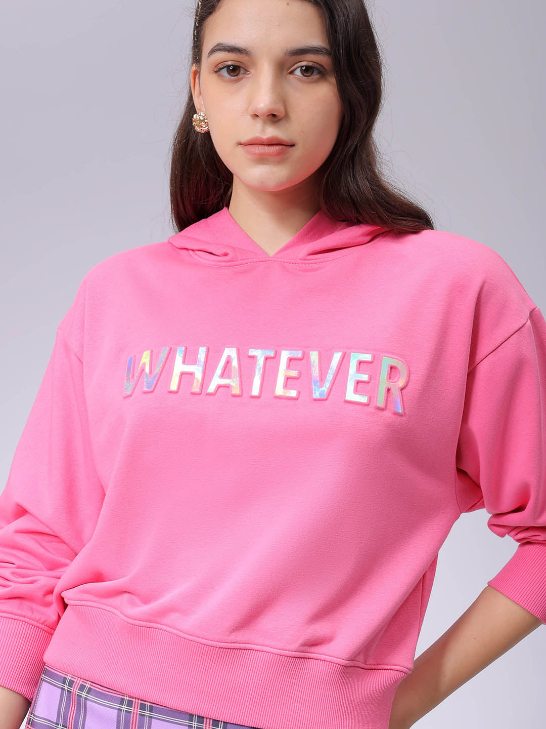 Women's Pink Relaxed Fit Typographic Hooded Sweatshirt