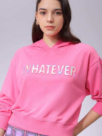 Women's Pink Relaxed Fit Typographic Hooded Sweatshirt