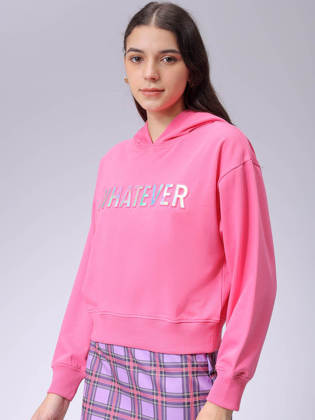 Women's Pink Relaxed Fit Typographic Hooded Sweatshirt