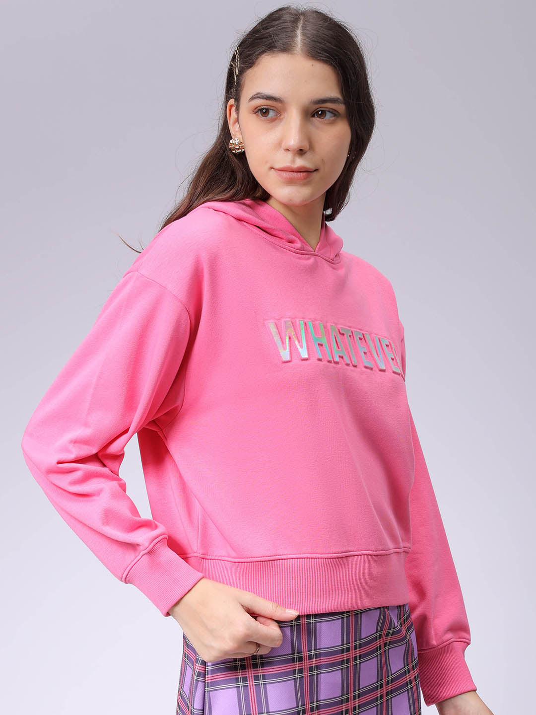 Women's Pink Relaxed Fit Typographic Hooded Sweatshirt