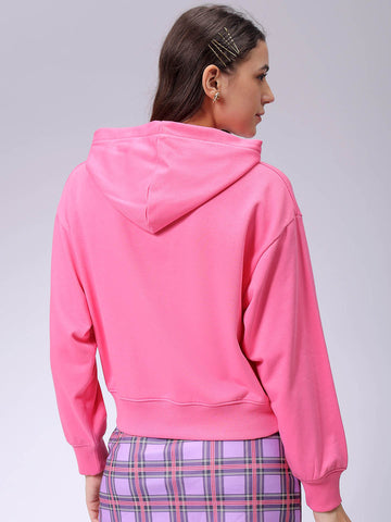 Women's Pink Relaxed Fit Typographic Hooded Sweatshirt