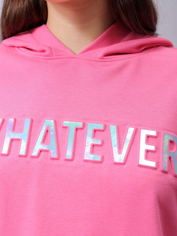 Women's Pink Relaxed Fit Typographic Hooded Sweatshirt