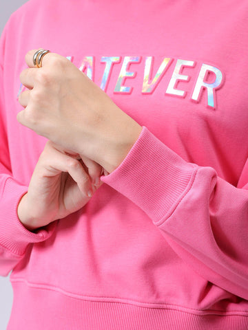 Women's Pink Relaxed Fit Typographic Hooded Sweatshirt