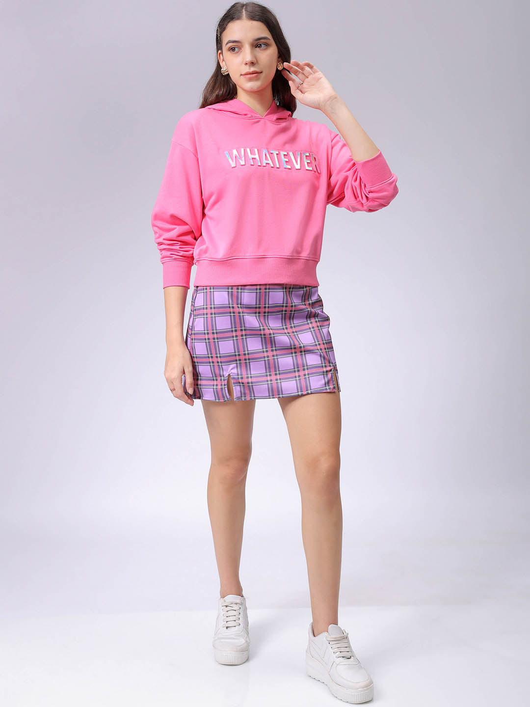 Women's Pink Relaxed Fit Typographic Hooded Sweatshirt