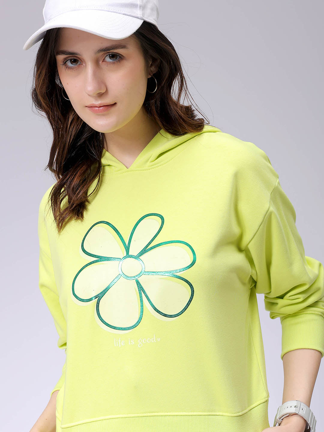 Women's Yellow Relaxed Fit Holographic Hooded Sweatshirt