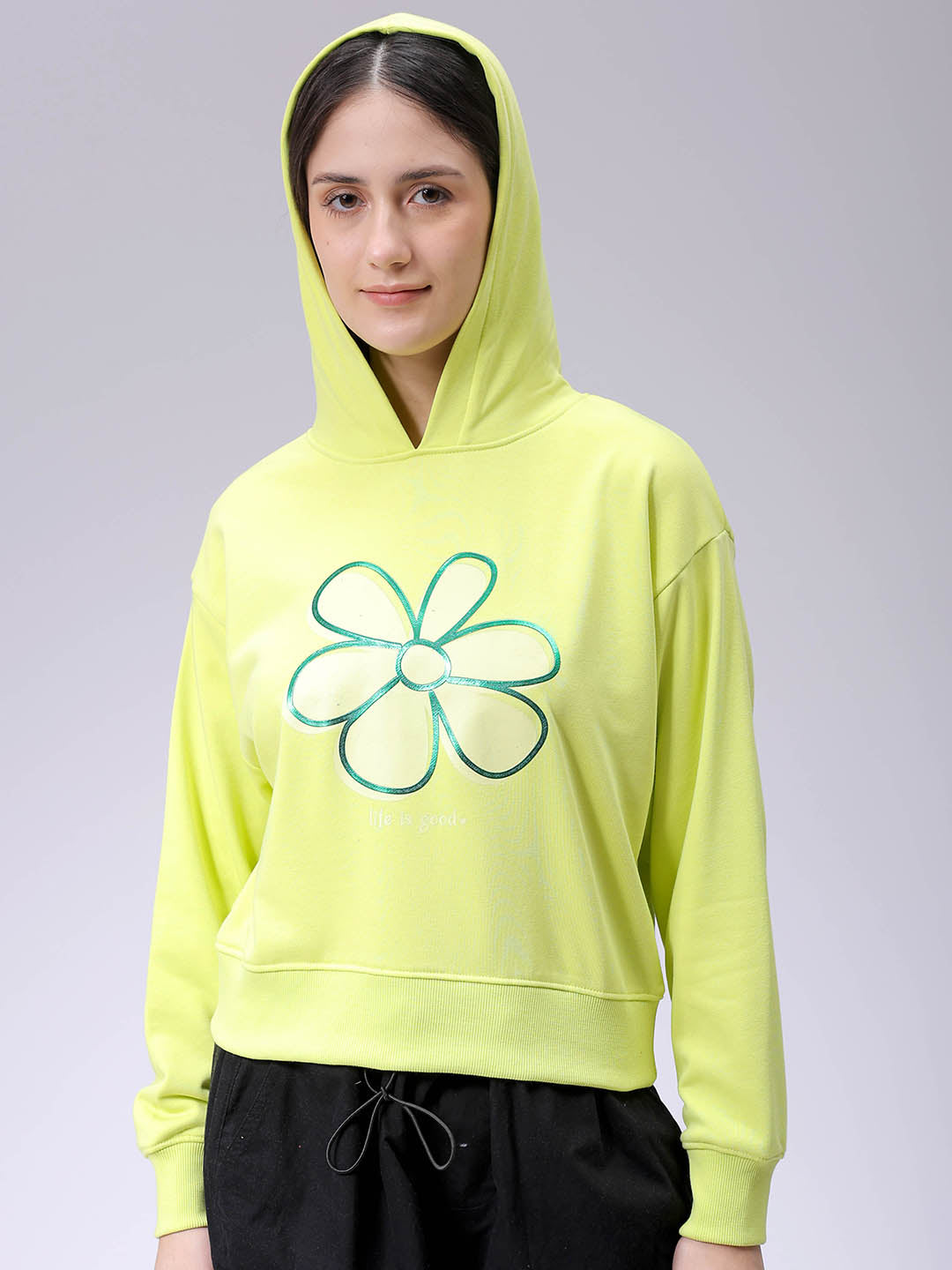 Women's Yellow Relaxed Fit Holographic Hooded Sweatshirt