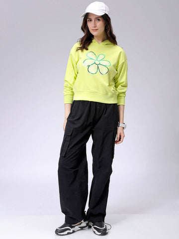 Women's Yellow Relaxed Fit Holographic Hooded Sweatshirt