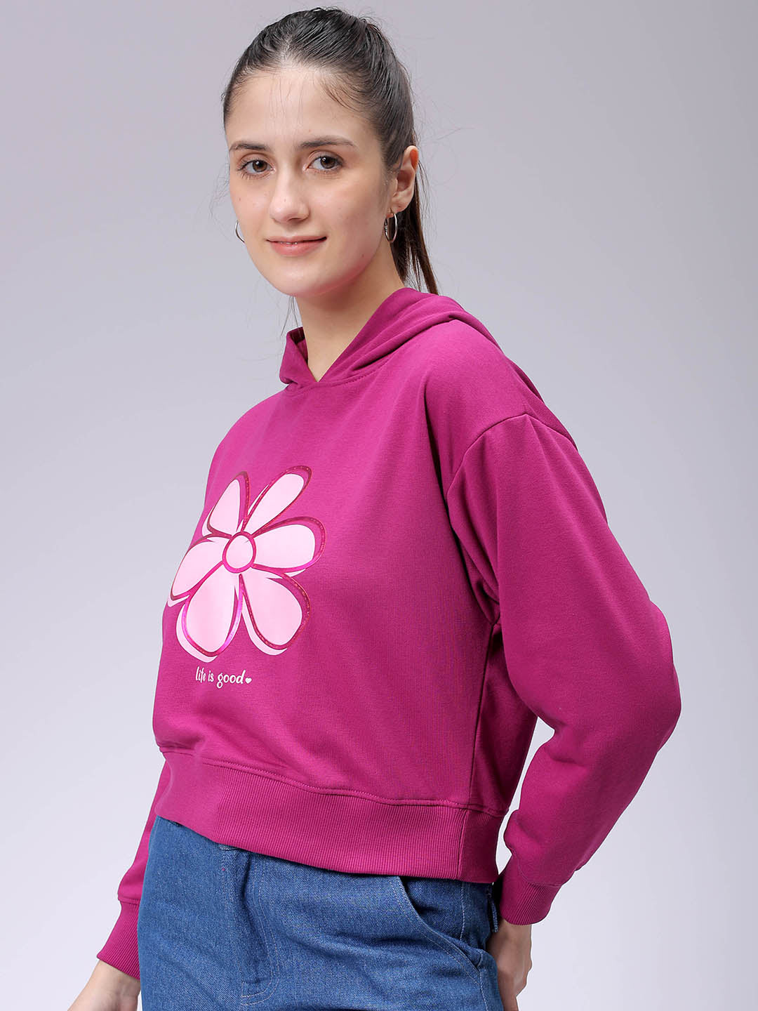 Women's Purple Relaxed Fit Holographic Hooded Sweatshirt