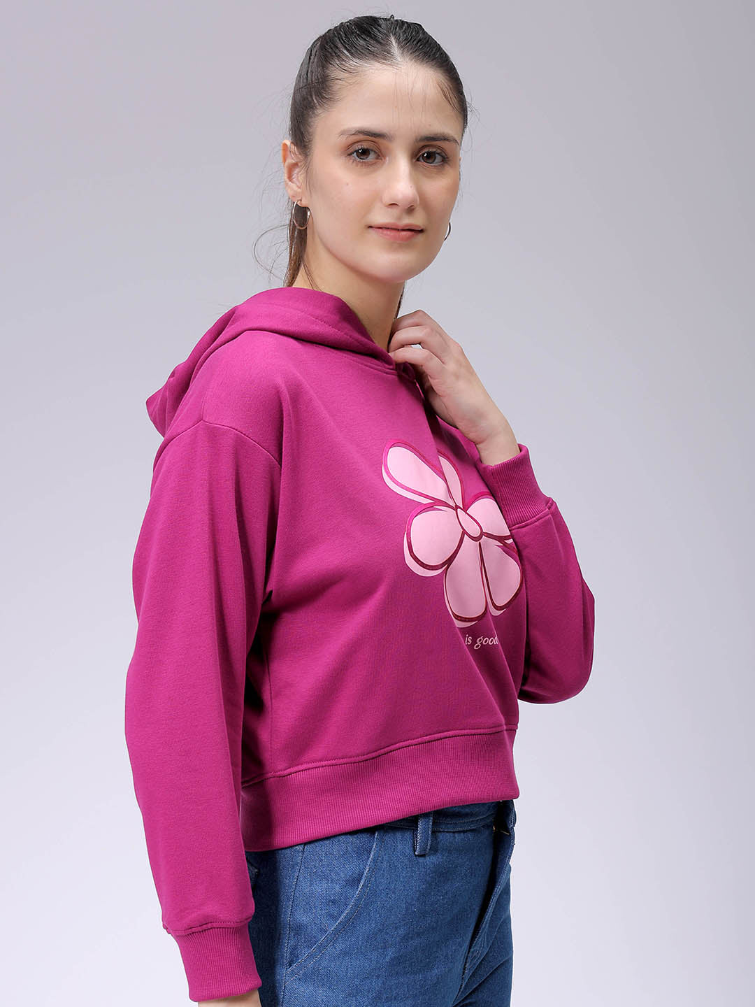 Women's Purple Relaxed Fit Holographic Hooded Sweatshirt