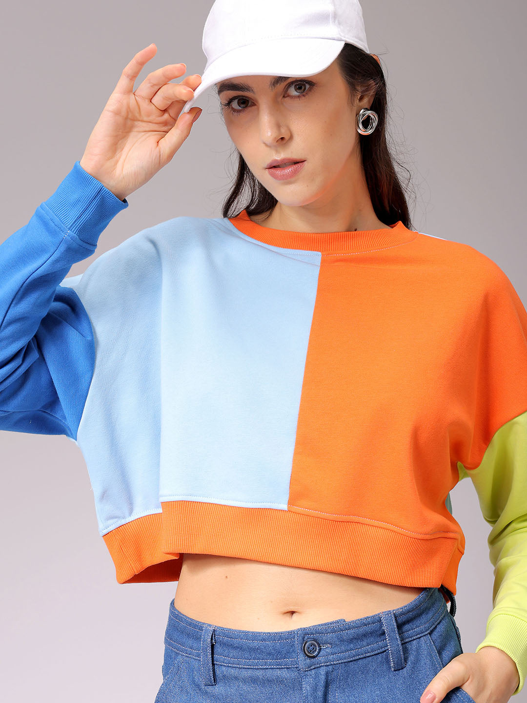 Women's Blue Boxy Fit Colourblocked Cropped Sweatshirt
