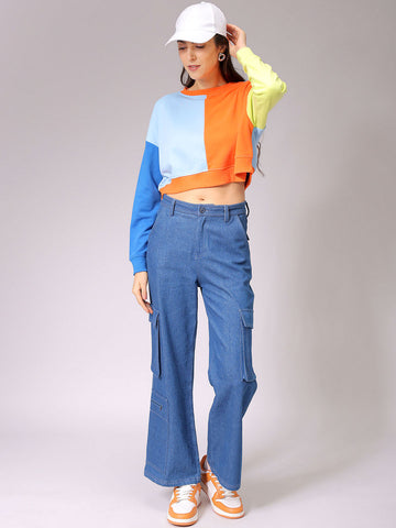 Women's Blue Boxy Fit Colourblocked Cropped Sweatshirt