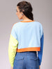 Women's Blue Boxy Fit Colourblocked Cropped Sweatshirt