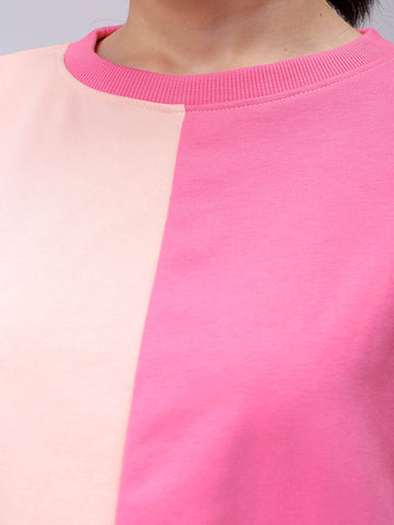 Women's Pink Boxy Fit Colourblocked Cropped Sweatshirt