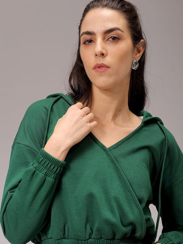 Women's Green Regular Fit Solid Regular Wrap Sweatshirt