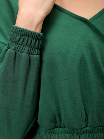 Women's Green Regular Fit Solid Regular Wrap Sweatshirt