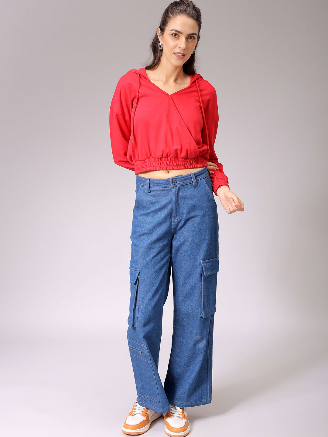 Women's Red Regular Fit Solid Regular Wrap Sweatshirt