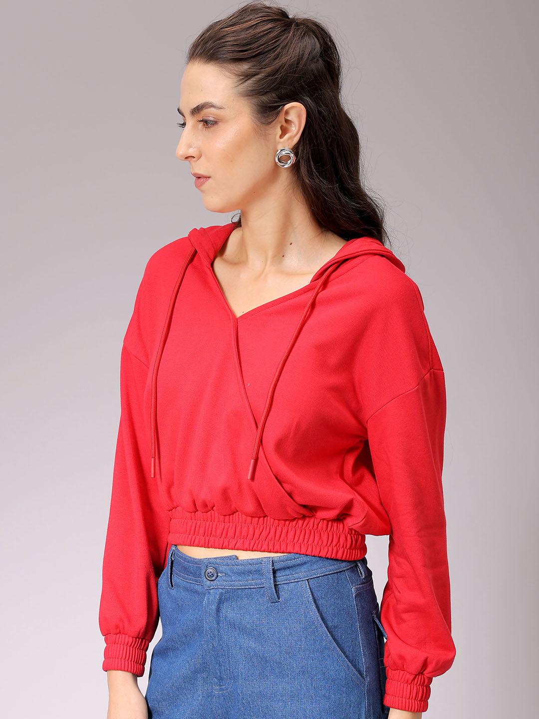 Women's Red Regular Fit Solid Regular Wrap Sweatshirt
