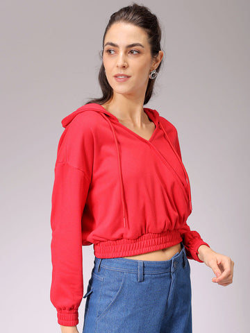 Women's Red Regular Fit Solid Regular Wrap Sweatshirt