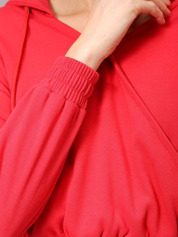Women's Red Regular Fit Solid Regular Wrap Sweatshirt