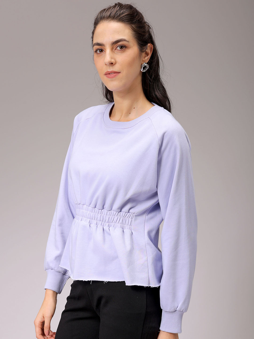 Women's Purple Fit and Flared Solid Regular Shirred Sweatshirt