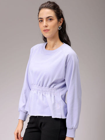 Women's Purple Fit and Flared Solid Regular Shirred Sweatshirt