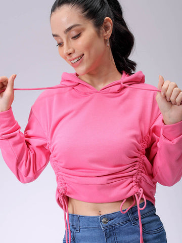 Women's Pink Relaxed Fit Solid Ruched Sweatshirt