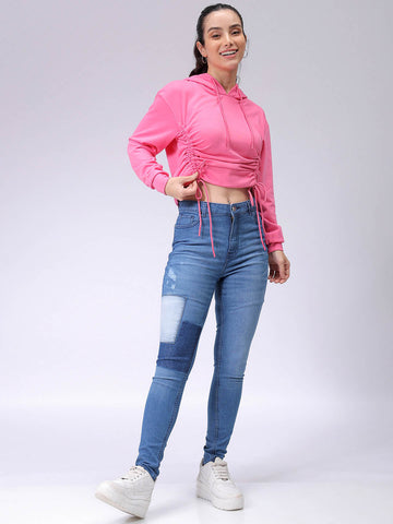Women's Pink Relaxed Fit Solid Ruched Sweatshirt