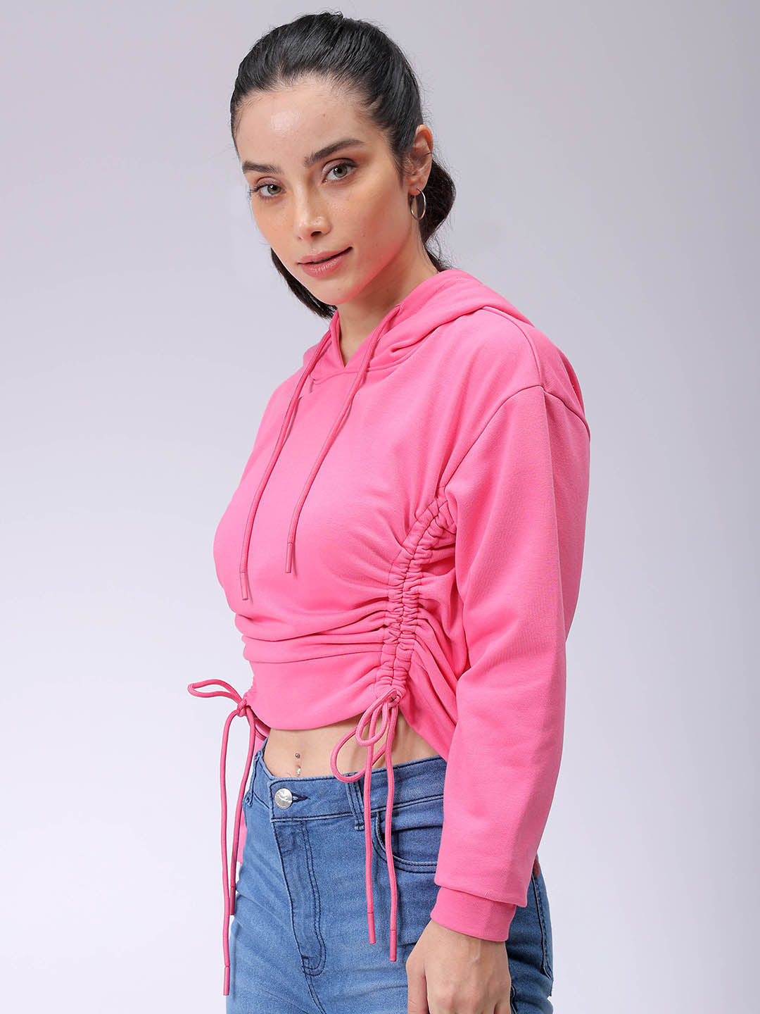 Women's Pink Relaxed Fit Solid Ruched Sweatshirt