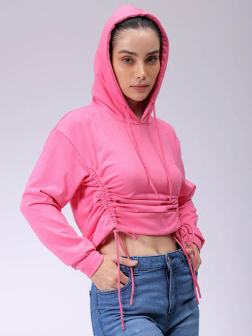 Women's Pink Relaxed Fit Solid Ruched Sweatshirt