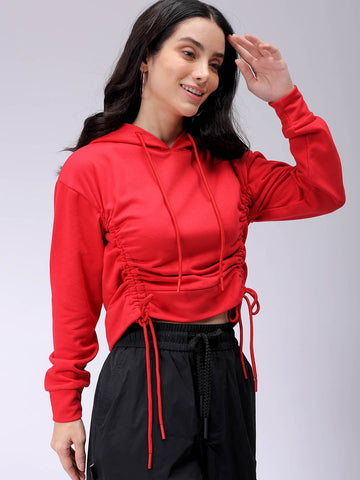 Women's Red Relaxed Fit Solid Ruched Sweatshirt