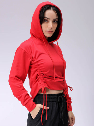 Women's Red Relaxed Fit Solid Ruched Sweatshirt