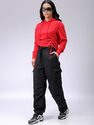 Women's Red Relaxed Fit Solid Ruched Sweatshirt