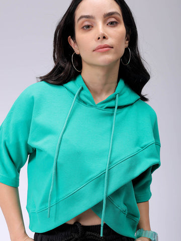 Women's Green Boxy Fit Solid Wrap Sweatshirt