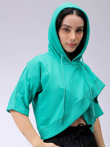 Women's Green Boxy Fit Solid Wrap Sweatshirt