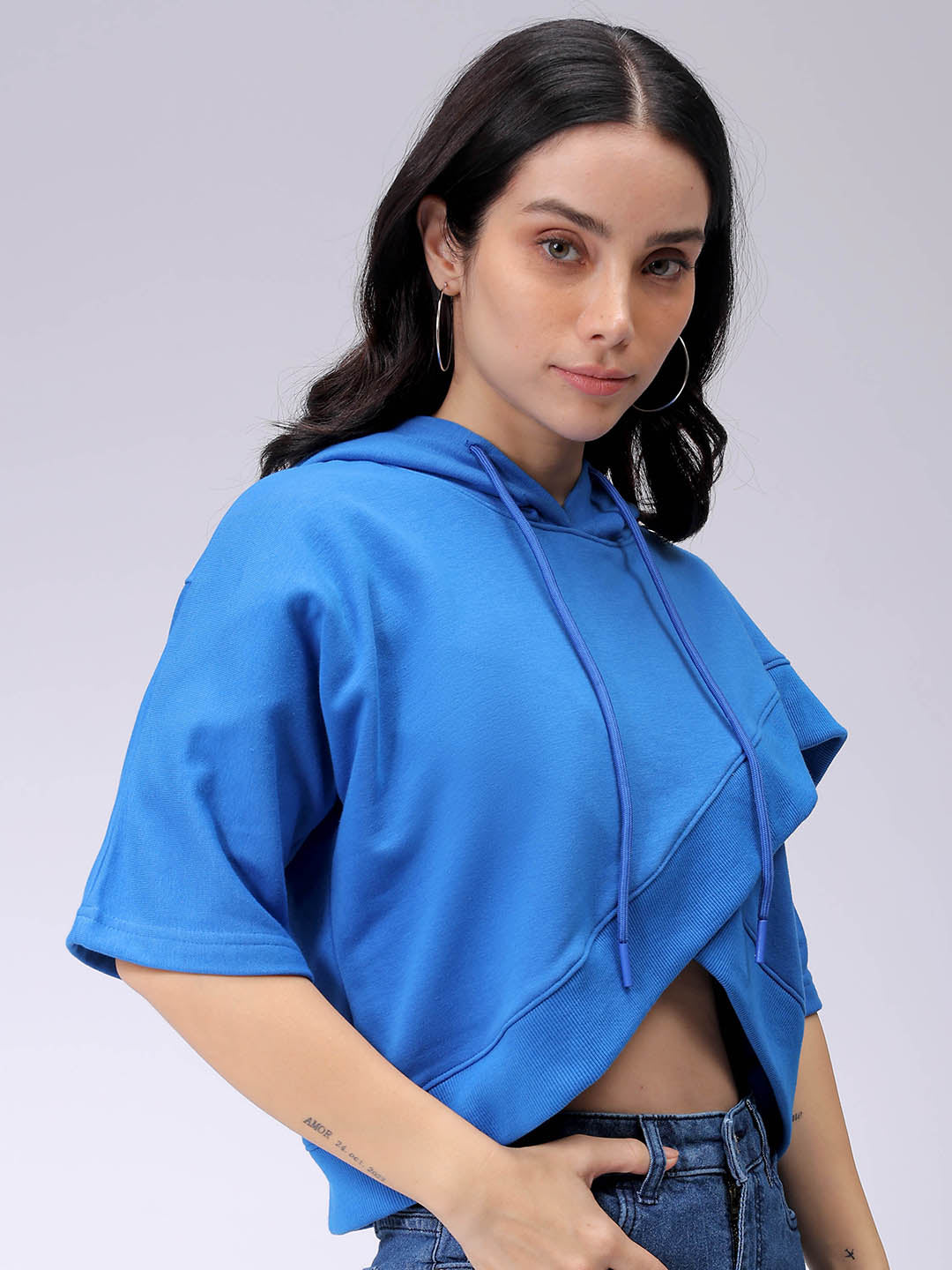 Women's Blue Boxy Fit Solid Wrap Sweatshirt