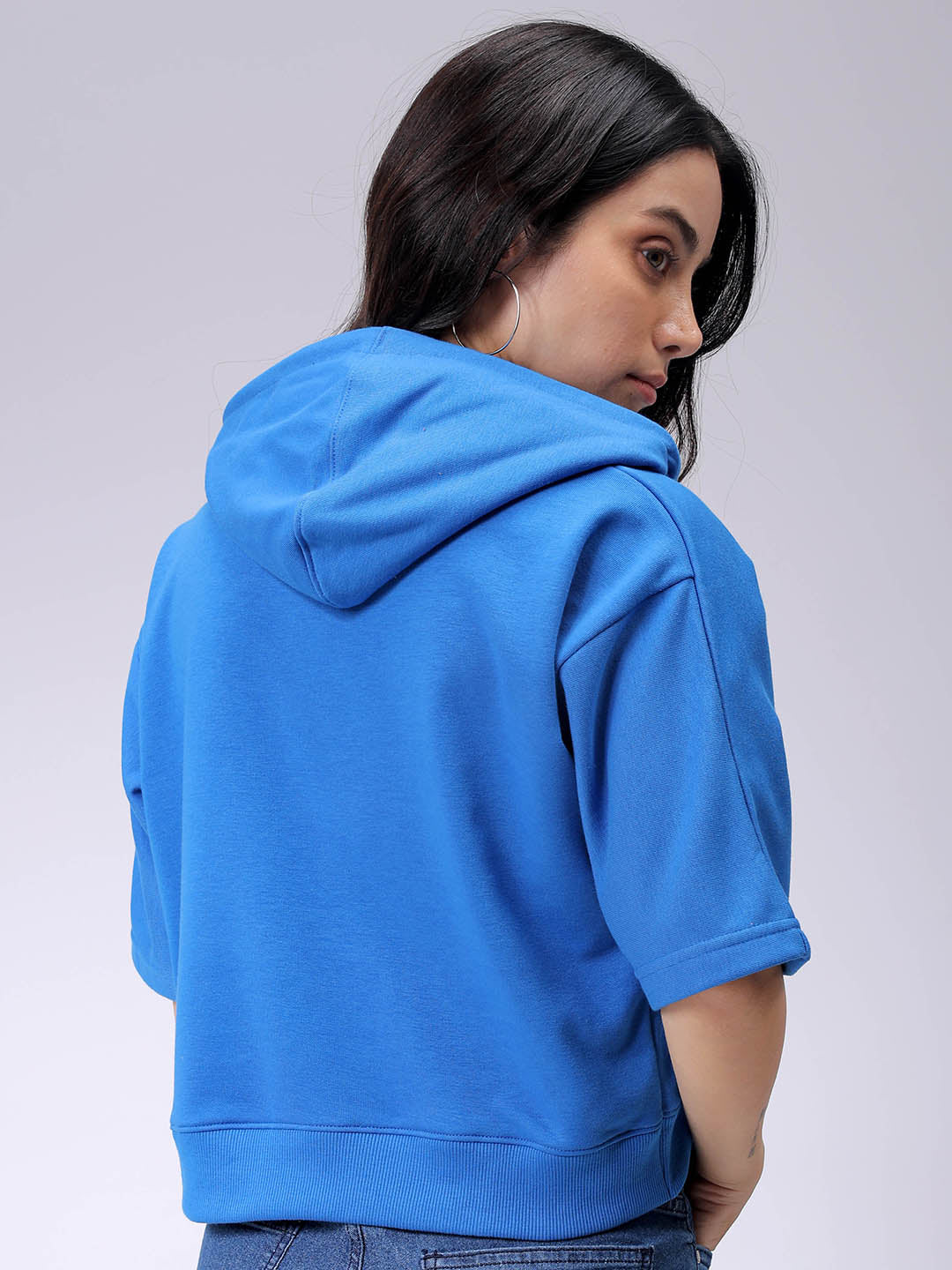 Women's Blue Boxy Fit Solid Wrap Sweatshirt