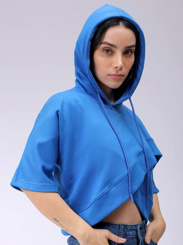 Women's Blue Boxy Fit Solid Wrap Sweatshirt