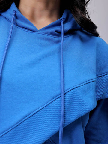 Women's Blue Boxy Fit Solid Wrap Sweatshirt