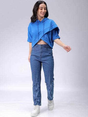 Women's Blue Boxy Fit Solid Wrap Sweatshirt