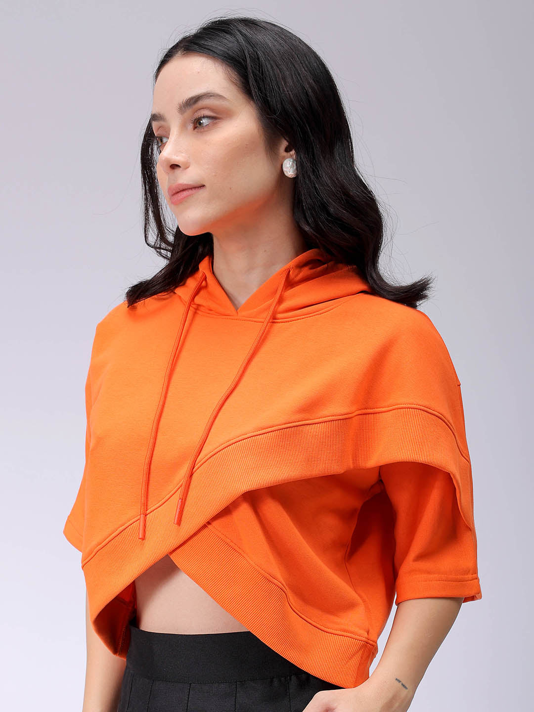 Women's Orange Boxy Fit Solid Wrap Sweatshirt