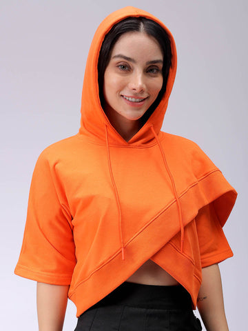 Women's Orange Boxy Fit Solid Wrap Sweatshirt